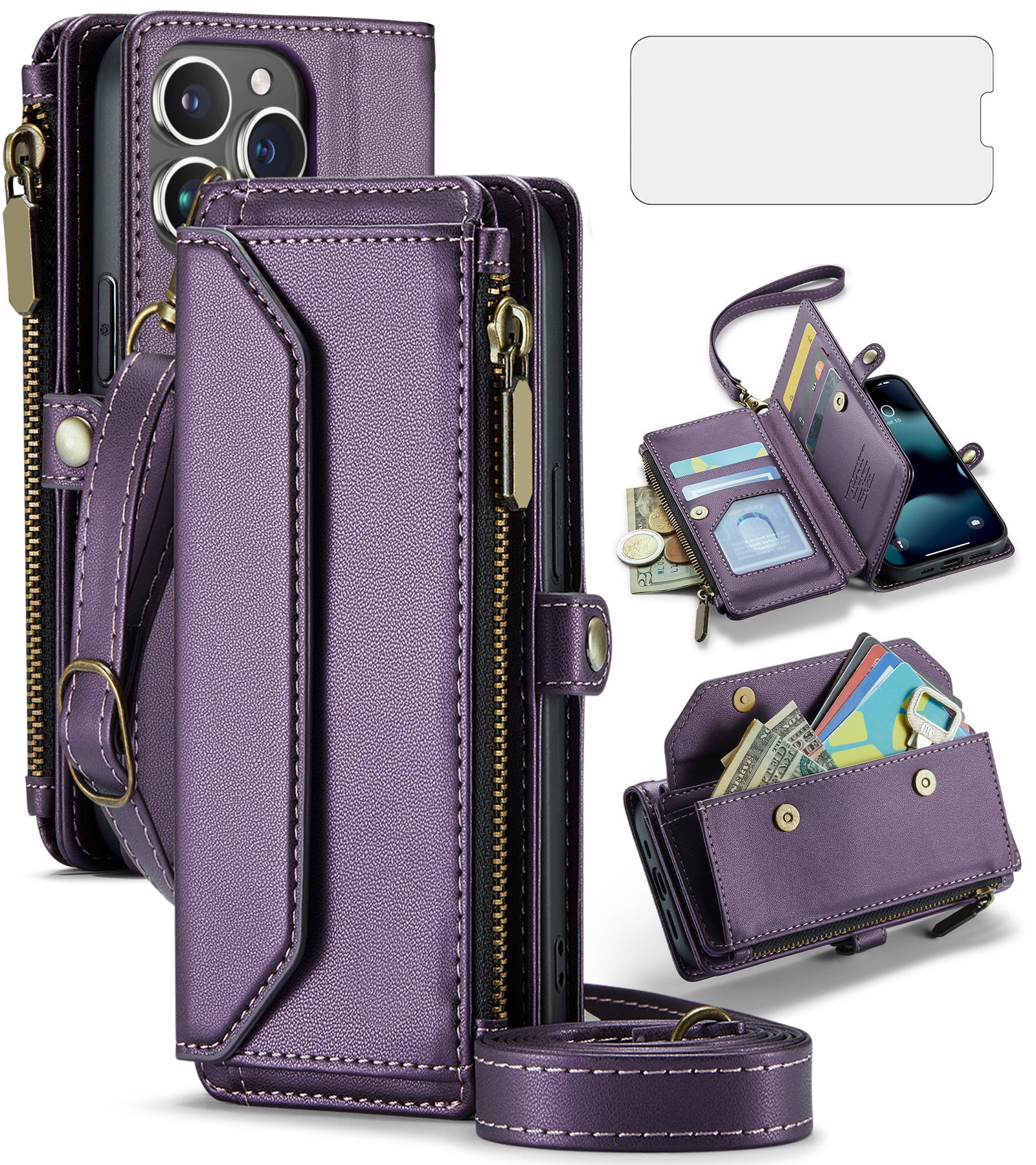 Asuwish Compatible with iPhone 15 Pro 6.1 inch Zipper Wallet Phone Case Tempered Glass Screen Protector Crossbody Lanyard Strap Flip Card Holder Slot Cell Cover for i Phone15 i15 15Pro Women Purple