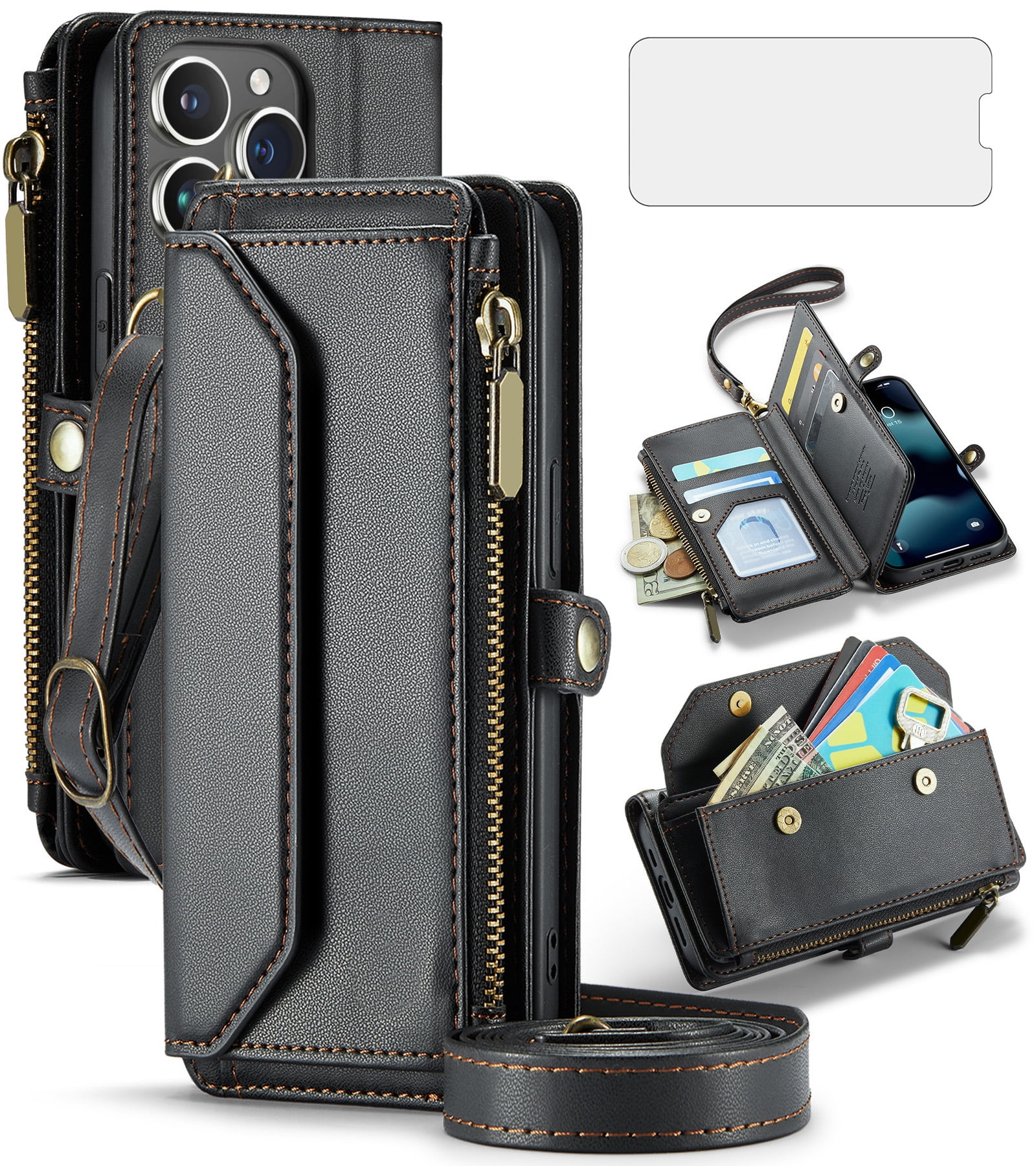 Asuwish Compatible with iPhone 15 Pro 6.1 inch Zipper Wallet Phone Case Tempered Glass Screen Protector Crossbody Lanyard Strap Flip Card Holder Slot Cell Cover for i Phone15 i15 15Pro Women Black