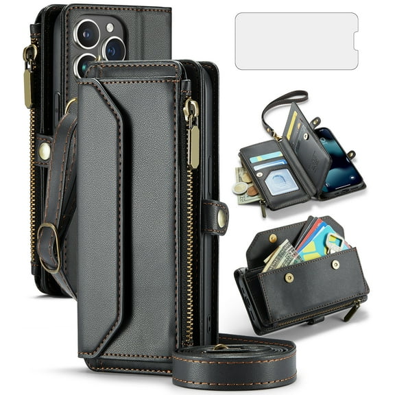 Asuwish Compatible with iPhone 15 Pro 6.1 inch Zipper Wallet Phone Case Tempered Glass Screen Protector Crossbody Lanyard Strap Flip Card Holder Slot Cell Cover for i Phone15 i15 15Pro Women Black