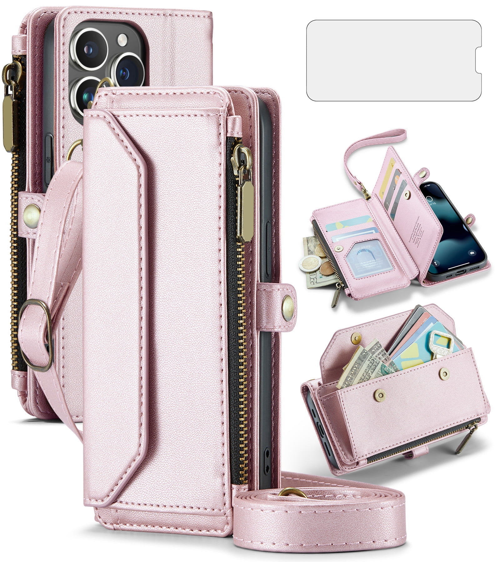 Asuwish Compatible with iPhone 15 Pro 6.1 inch Zipper Wallet Phone Case Tempered Glass Screen Protector Crossbody Lanyard Strap Flip Card Holder Slot Cell Cover for i Phone15 15 15Pro Women Rose Gold
