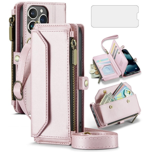 Asuwish Compatible with iPhone 15 Pro 6.1 inch Zipper Wallet Phone Case Tempered Glass Screen Protector Crossbody Lanyard Strap Flip Card Holder Slot Cell Cover for i Phone15 15 15Pro Women Rose Gold