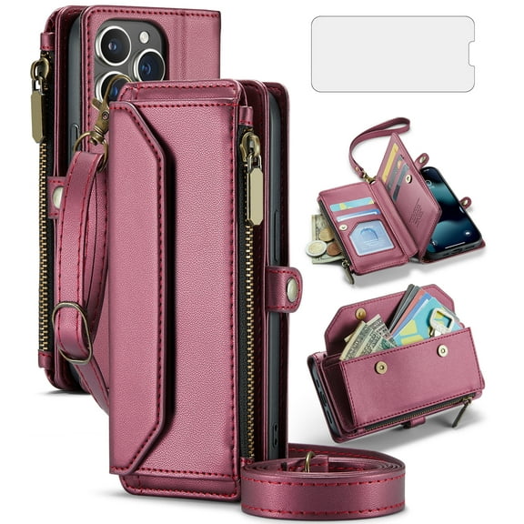 Asuwish Compatible with iPhone 15 Pro 6.1 inch Zipper Wallet Phone Case Tempered Glass Screen Protector Crossbody Lanyard Strap Flip Card Holder Slot Cell Cover for i Phone15 i15 15Pro Women Wine Red