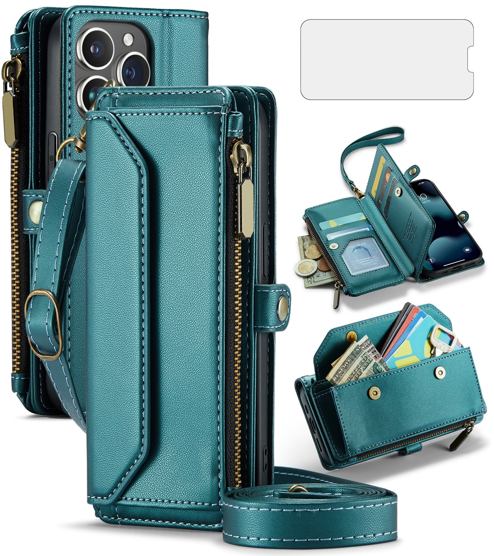 Asuwish Compatible with iPhone 15 Pro 6.1 inch Zipper Wallet Phone Case Tempered Glass Screen Protector Crossbody Lanyard Strap Flip Card Holder Slot Cell Cover for i Phone15 i15 15Pro Women Green