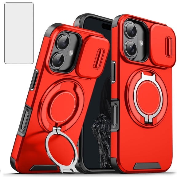 Asuwish Compatible with iPhone 16 6.1 inch Phone Case Slide Camera Cover Tempered Glass Screen Protector Stand Ring Holder Rugged Slim Cell for i Phone16 i16 16Case Women Men Red
