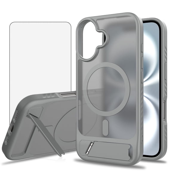 Asuwish Compatible with iPhone 16 6.1 inch Phone Case Tempered Glass Screen Protector Magnetic Translucent Back Folding Stand Shockproof Protective Cell Cover for i Phone16 i16 16Case Women Men Grey