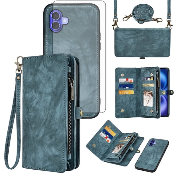 Asuwish Compatible with iPhone 16 6.1 inch Phone Case Zipper Wallet Detachable Tempered Glass Screen Protector Crossbody Lanyard Strap Flip Card Holder Cell Cover for i Phone16 i16 16Case Women Blue
