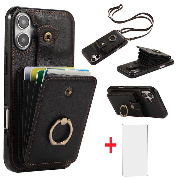 Asuwish Compatible with iPhone 16 6.1 inch Wallet Phone Case Screen Protector Ring Crossbody Strap Stand Credit Card Holder RFID Cell Cover for i Phone16 i16 16Case Women Girls Black