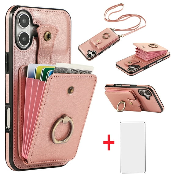 Asuwish Compatible with iPhone 16 6.1 inch Wallet Phone Case Screen Protector Ring Crossbody Strap Stand Credit Card Holder RFID Cell Cover for i Phone16 i16 16Case Women Girls Rose Gold