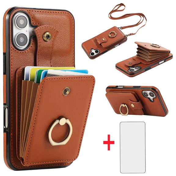 Asuwish Compatible with iPhone 16 6.1 inch Wallet Phone Case Screen Protector Ring Crossbody Strap Stand Credit Card Holder RFID Cell Cover for i Phone16 i16 16Case Women Girls Brown