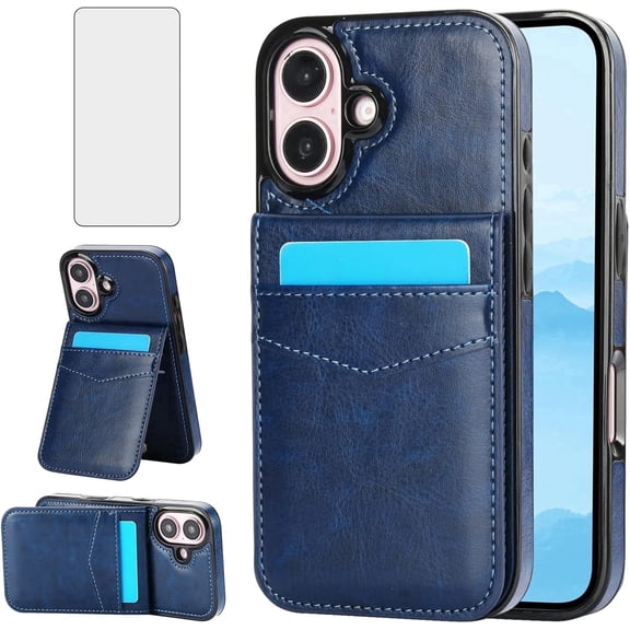Asuwish Screen Protector Included PU Leather Soft Shell Wallet Cell Phone Case with Screen Protector for iPhone 16, Blue