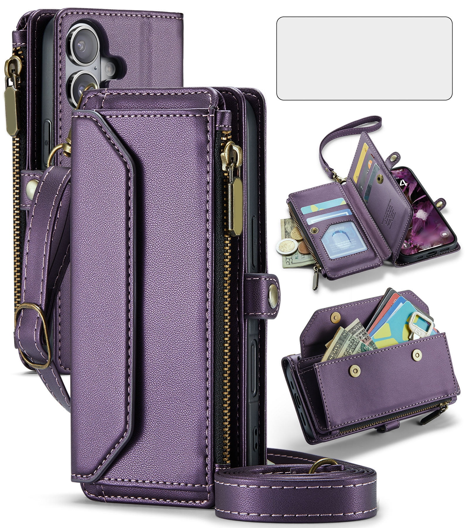 Asuwish Compatible with iPhone 16 6.1 inch Zipper Wallet Phone Case Tempered Glass Screen Protector Crossbody Lanyard Strap Flip Card Holder Slot Cell Cover for i Phone16 i16 16Case Women Purple