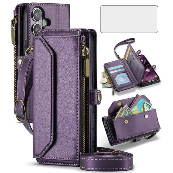 Asuwish Compatible with iPhone 16 6.1 inch Zipper Wallet Phone Case Tempered Glass Screen Protector Crossbody Lanyard Strap Flip Card Holder Slot Cell Cover for i Phone16 i16 16Case Women Purple
