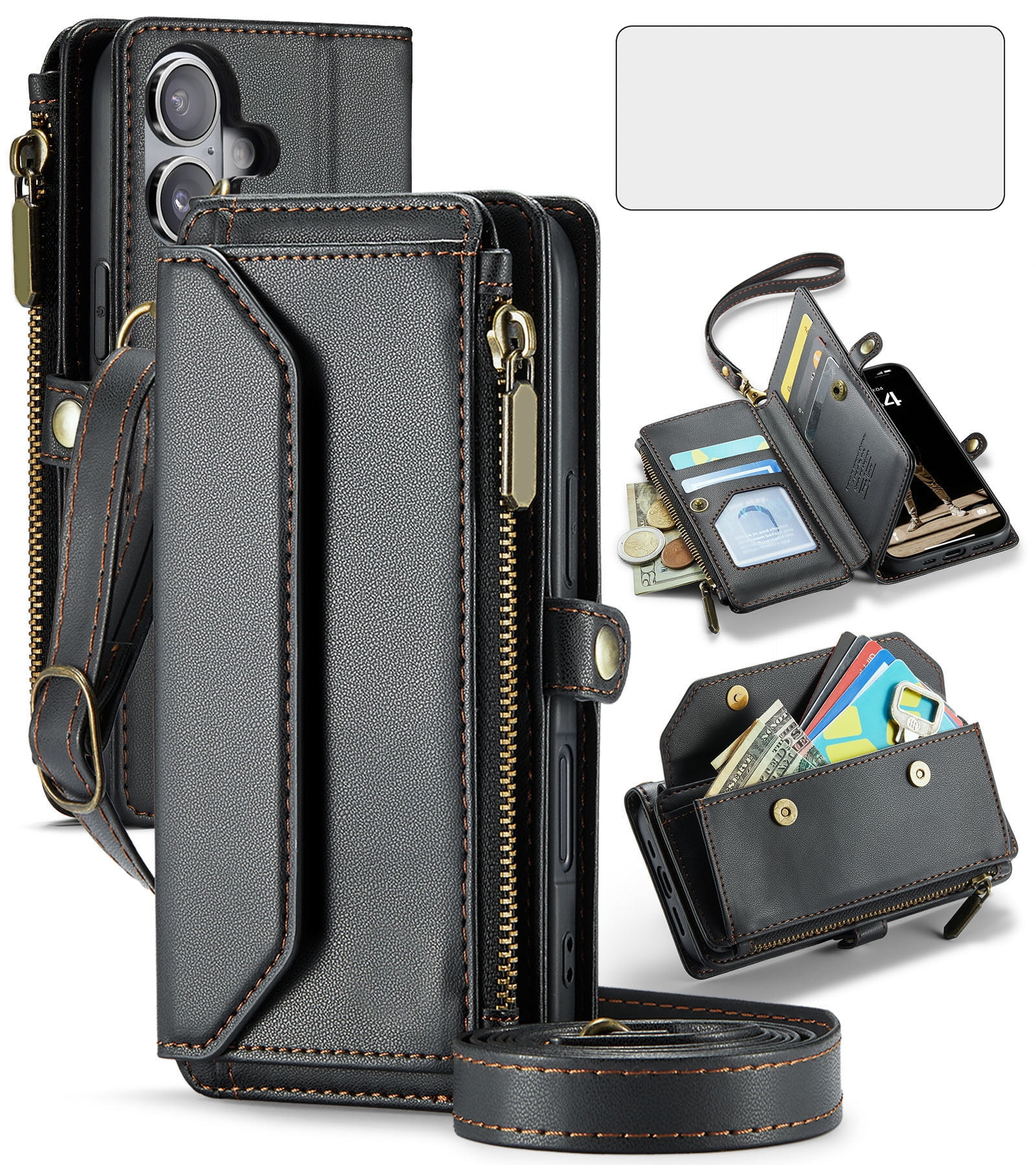 Asuwish Compatible with iPhone 16 6.1 inch Zipper Wallet Phone Case Tempered Glass Screen Protector Crossbody Lanyard Strap Flip Card Holder Slot Cell Cover for i Phone16 i16 16Case Women Girls Black