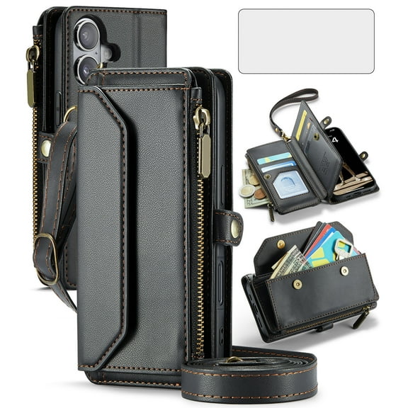 Asuwish Compatible with iPhone 16 6.1 inch Zipper Wallet Phone Case Tempered Glass Screen Protector Crossbody Lanyard Strap Flip Card Holder Slot Cell Cover for i Phone16 i16 16Case Women Girls Black