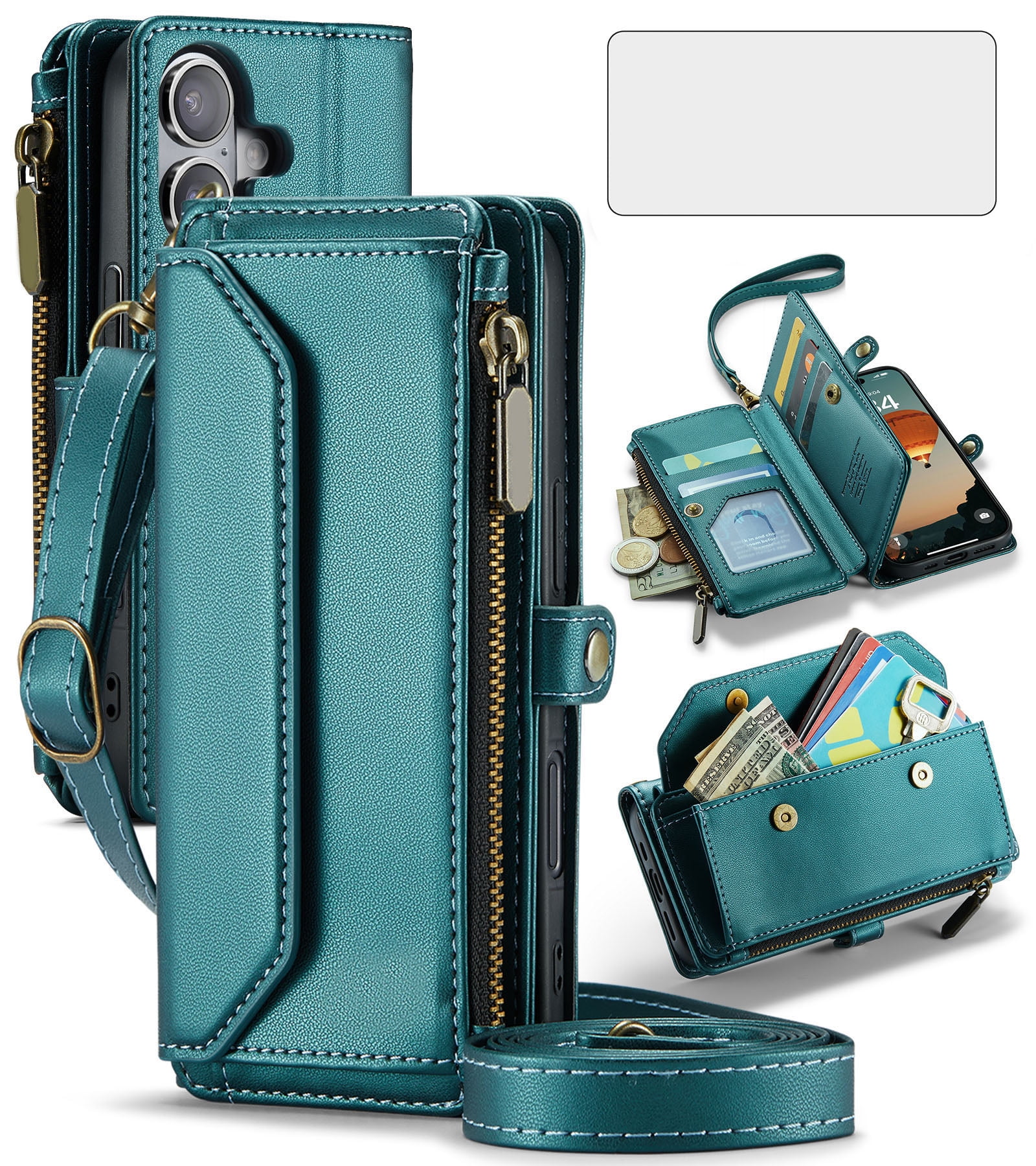 Asuwish Compatible with iPhone 16 6.1 inch Zipper Wallet Phone Case Tempered Glass Screen Protector Crossbody Lanyard Strap Flip Card Holder Slot Cell Cover for i Phone16 i16 16Case Women Girls Green