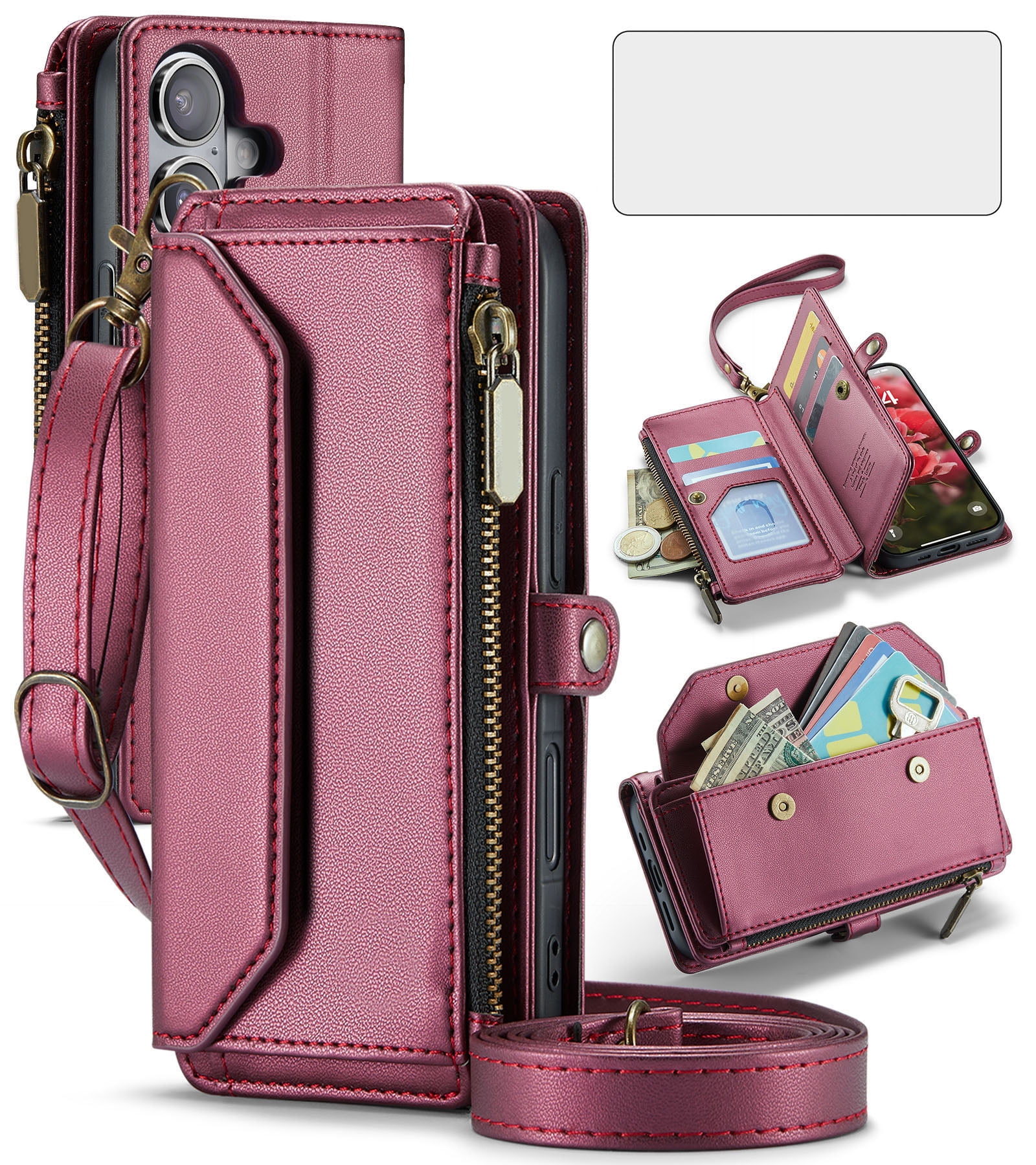 Asuwish Compatible with iPhone 16 6.1 inch Zipper Wallet Phone Case Tempered Glass Screen Protector Crossbody Lanyard Strap Flip Card Holder Slot Cell Cover for i Phone16 i16 16Case Women Wine Red