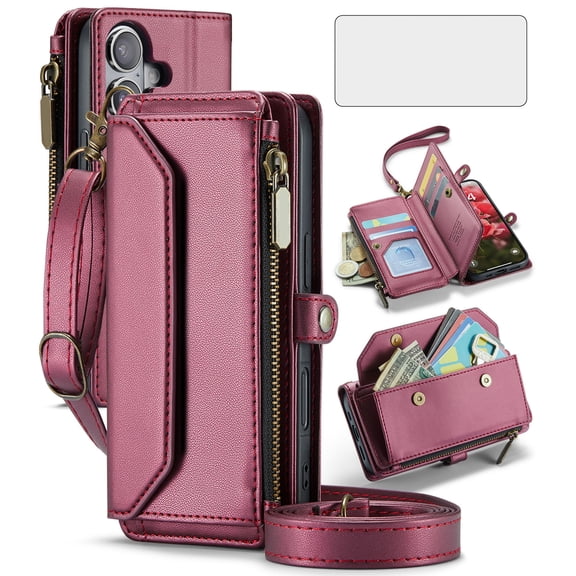 Asuwish Compatible with iPhone 16 6.1 inch Zipper Wallet Phone Case Tempered Glass Screen Protector Crossbody Lanyard Strap Flip Card Holder Slot Cell Cover for i Phone16 i16 16Case Women Wine Red
