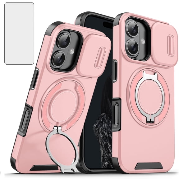 Asuwish Compatible with iPhone 16 Plus 6.7 inch Phone Case Slide Camera Cover Tempered Glass Screen Protector Stand Ring Holder Rugged Slim Cell for i Phone16 16+ i16 + 16Plus Women Men Pink