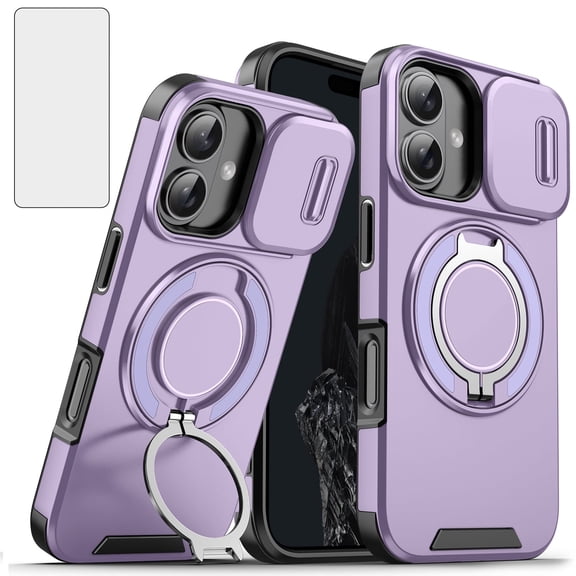 Asuwish Compatible with iPhone 16 Plus 6.7 inch Phone Case Slide Camera Cover Tempered Glass Screen Protector Stand Ring Holder Rugged Slim Cell for i Phone16 16+ i16 + 16Plus Women Men Purple