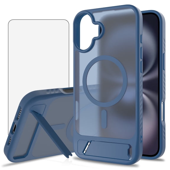 Asuwish Compatible with iPhone 16 Plus 6.7 inch Phone Case Tempered Glass Screen Protector Magnetic Translucent Back Folding Stand Shockproof Protective Cover for i Phone16 16+ 16Plus Women Men Blue