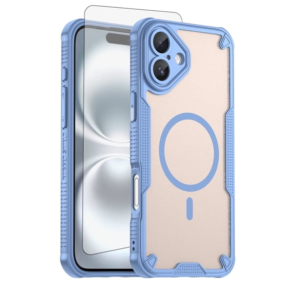 Asuwish Compatible with iPhone 16 Plus 6.7 inch Phone Case Tempered Glass Screen Protector Slim Magnetic Translucent Matte Back Shockproof Hybrid Protective Cover for i Phone16 iP16+ Women Men Blue