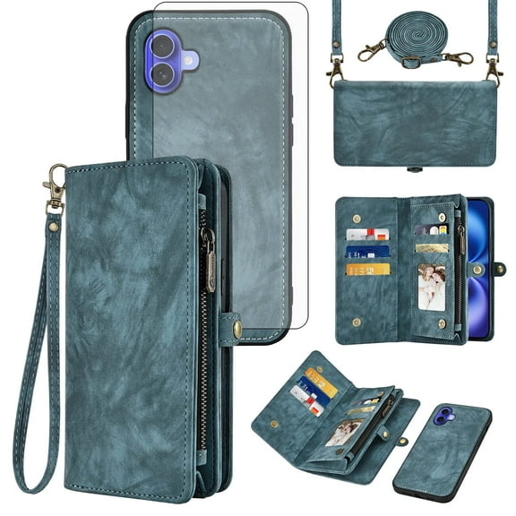 Asuwish Compatible with iPhone 16 Plus 6.7 inch Phone Case Zipper Wallet Detachable Tempered Glass Screen Protector Lanyard Strap Flip Card Holder Cell Cover for i Phone16 16+ i16 + 16Plus Women Blue