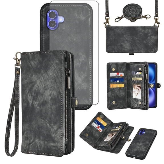 Asuwish Compatible with iPhone 16 Plus 6.7 inch Phone Case Zipper Wallet Detachable Tempered Glass Screen Protector Strap Flip Card Holder Cell Cover for i Phone16 16+ i16 + 16Plus Women Girls Black