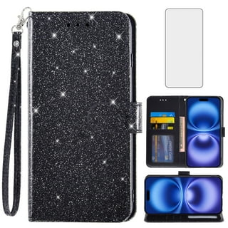 Compatible with iPhone 16 Plus 6.7 inch Wallet Phone Case and Tempered Glass Screen Protector Flip Credit Card Holder Stand Bling Glitter Cell Cover for i Phone16 16+ i16 + 16Plus Women Black