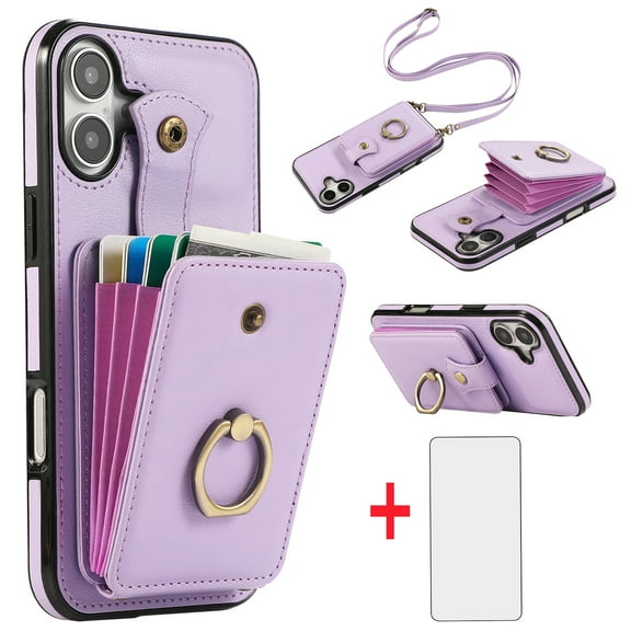 Asuwish Compatible with iPhone 16 Plus 6.7 inch Wallet Phone Case Screen Protector Ring Crossbody Strap Stand Credit Card Holder RFID Cell Cover for i Phone16 16+ i16 + 16Plus Women Girls Purple