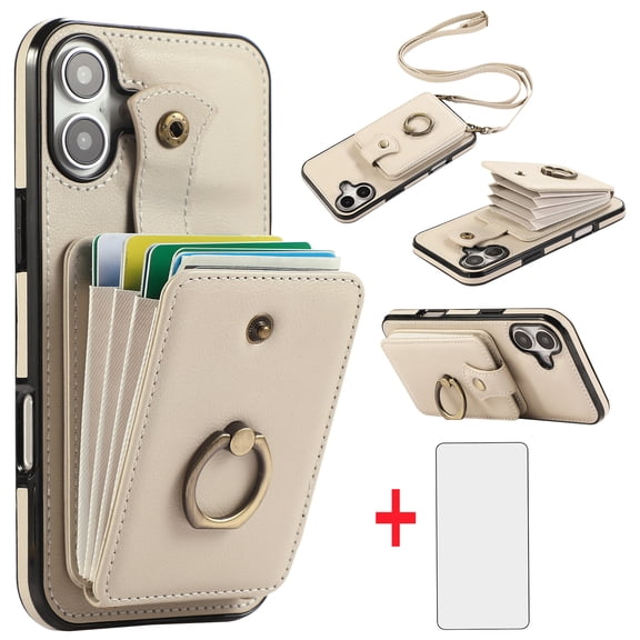 Asuwish Compatible with iPhone 16 Plus 6.7 inch Wallet Phone Case Screen Protector Ring Crossbody Strap Stand Credit Card Holder RFID Cell Cover for i Phone16 16+ i16 + 16Plus Women Girls Beige