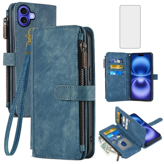 Asuwish Kickstand Hard Shell Wallet Cell Phone Case with Tempered Glass Screen Protector for iPhone 16 Plus, Blue