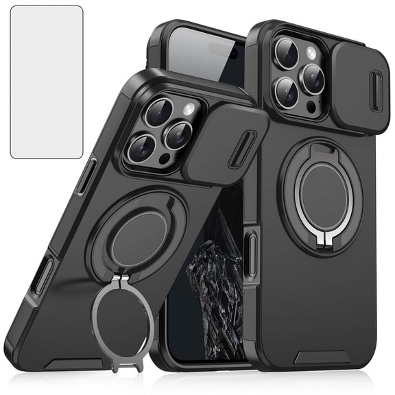 Asuwish Compatible with iPhone 16 Pro 6.3 inch Phone Case Slide Camera Cover Tempered Glass Screen Protector Stand Ring Holder Rugged Slim Cell for i Phone16 i16 16Pro Women Men Black