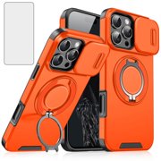 Asuwish Compatible with iPhone 16 Pro 6.3 inch Phone Case Slide Camera Cover Tempered Glass Screen Protector Stand Ring Holder Rugged Slim Cell for i Phone16 i16 16Pro Women Men Orange
