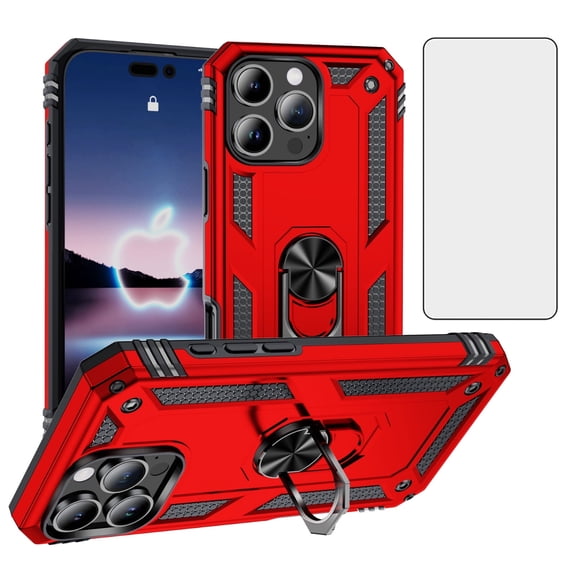 Asuwish Compatible with iPhone 16 Pro 6.3 inch Phone Case Tempered Glass Screen Protector Slim Magnetic Ring Holder Stand Hybrid Protective Cell Cover for i Phone16 i16 16Pro Women Men Red