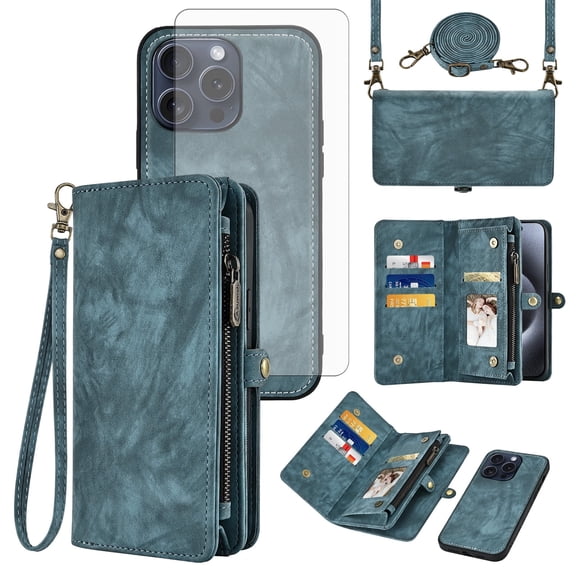 Asuwish Compatible with iPhone 16 Pro 6.3 inch Phone Case Zipper Wallet Detachable Tempered Glass Screen Protector Crossbody Strap Flip Card Holder Cell Cover for i Phone16 i16 16Pro Women Girls Blue