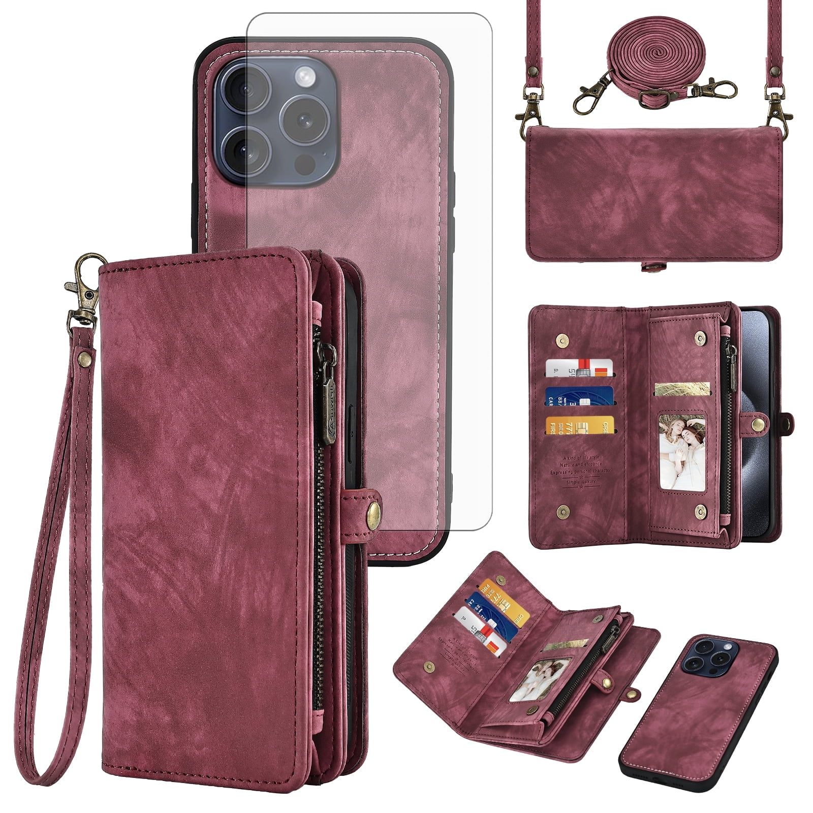 Asuwish Compatible with iPhone 16 Pro 6.3 inch Phone Case Zipper Wallet Detachable Tempered Glass Screen Protector Crossbody Strap Flip Card Holder Cell Cover for i Phone16 i16 16Pro Women Girls Red