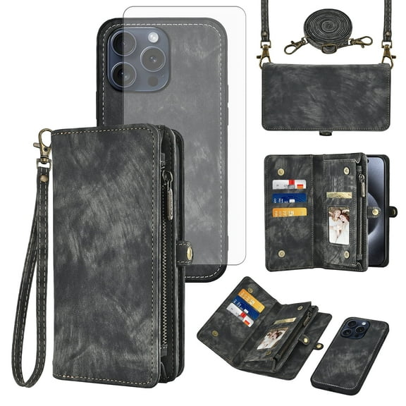 Asuwish Compatible with iPhone 16 Pro 6.3 inch Phone Case Zipper Wallet Detachable Tempered Glass Screen Protector Crossbody Strap Flip Card Holder Slot Cell Cover for i Phone16 i16 16Pro Women Black