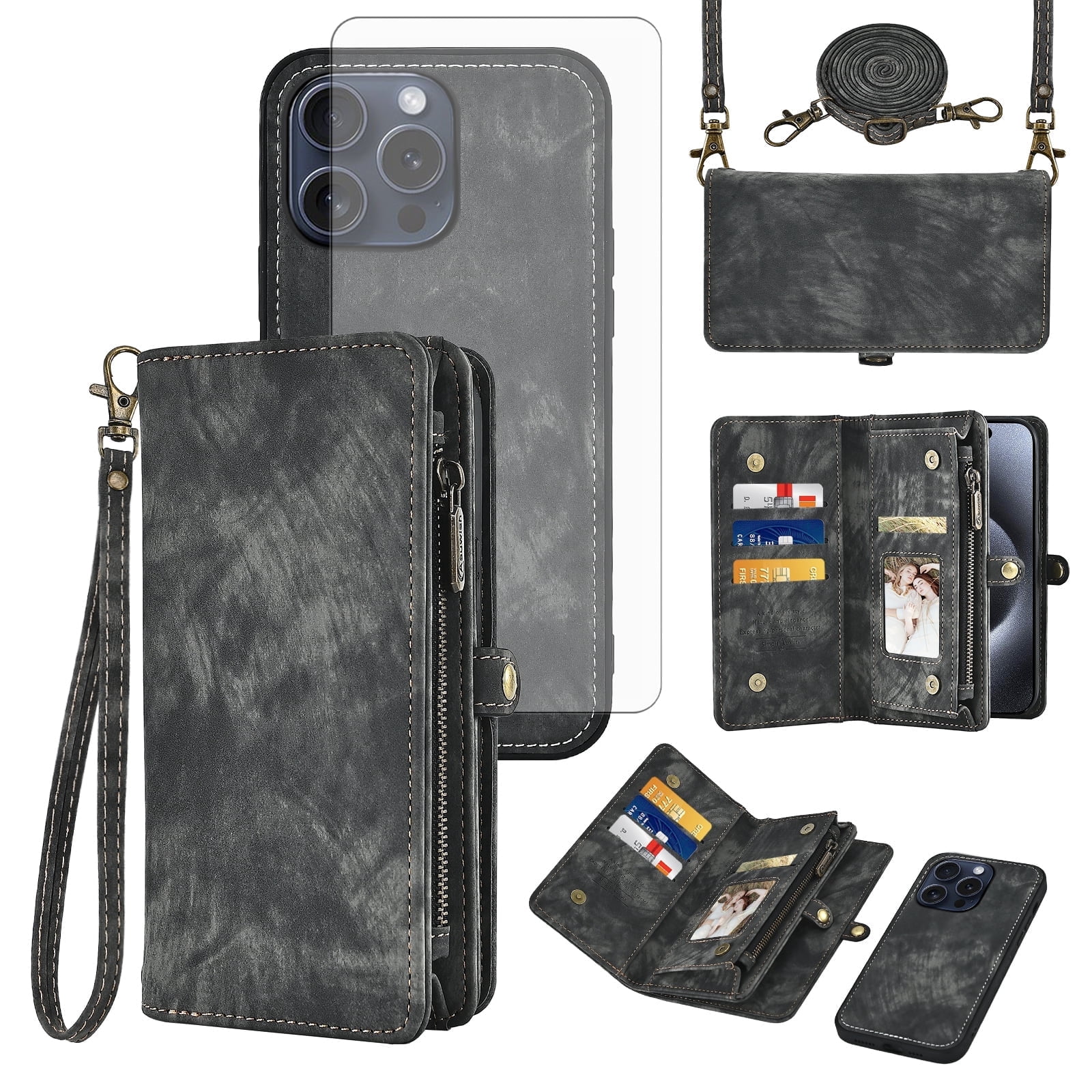 Asuwish Compatible with iPhone 16 Pro 6.3 inch Phone Case Zipper Wallet Detachable Tempered Glass Screen Protector Crossbody Strap Flip Card Holder Slot Cell Cover for i Phone16 i16 16Pro Women Black