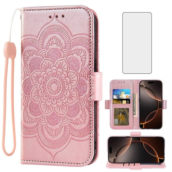 Asuwish Compatible with iPhone 16 Pro 6.3 inch Wallet Phone Case and Tempered Glass Screen Protector Flip Credit Card Holder Stand Mandala Flower Cell Cover for i Phone16 i16 16Pro Women Men Pink