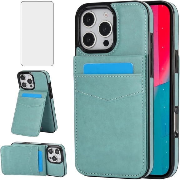 Asuwish Screen Protector Included PU Leather Soft Shell Wallet Cell Phone Case with Screen Protector for iPhone 16 Pro, Teal