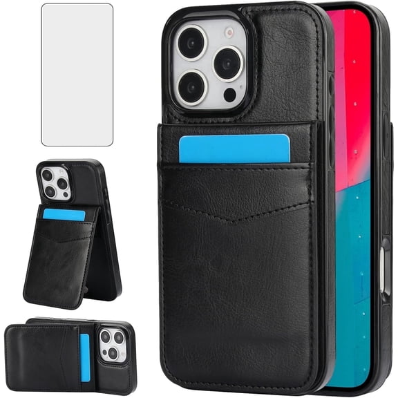 Asuwish Screen Protector Included PU Leather Soft Shell Wallet Cell Phone Case with Screen Protector for iPhone 16 Pro, Black