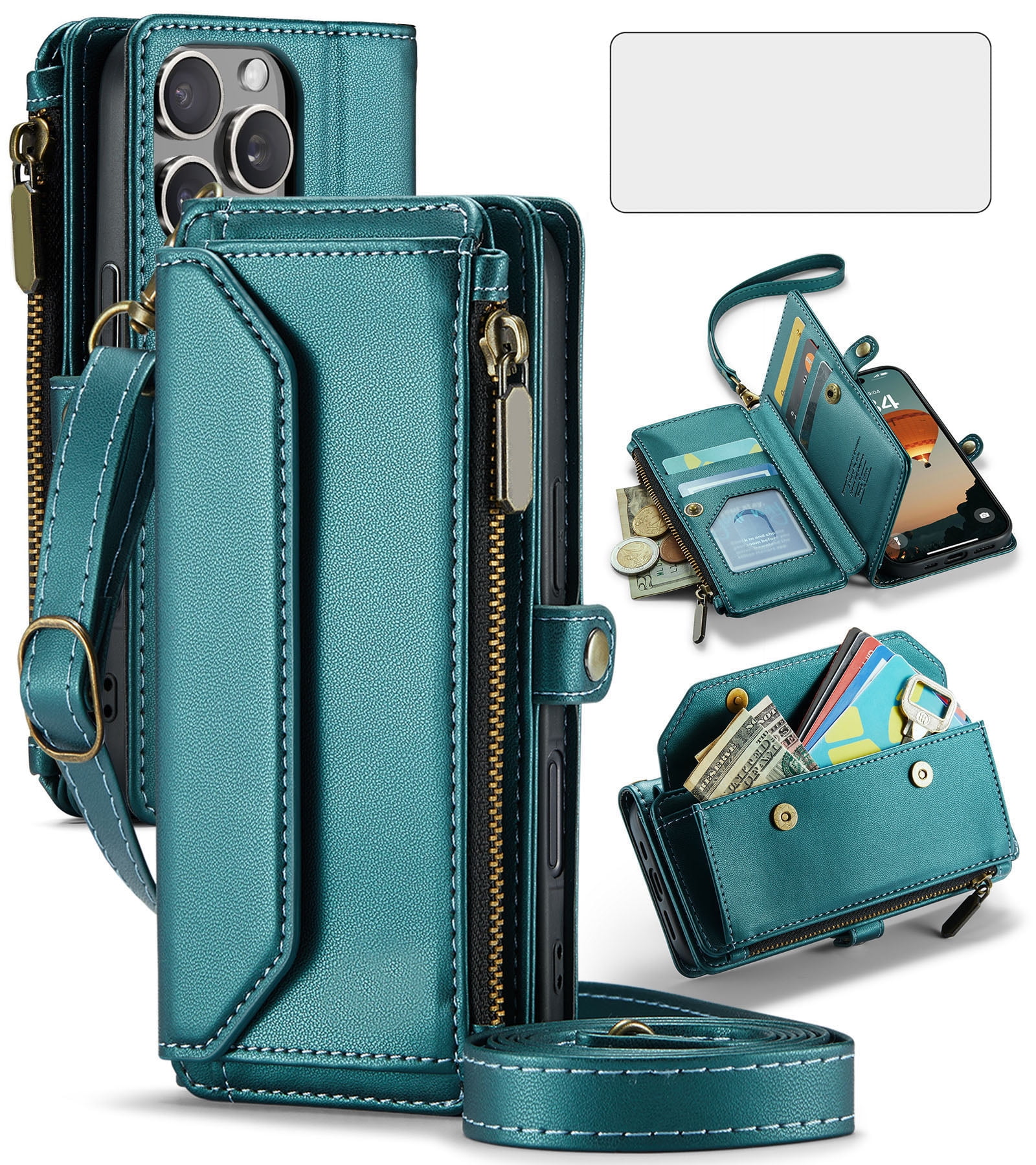 Asuwish Compatible with iPhone 16 Pro 6.3 inch Zipper Wallet Phone Case Tempered Glass Screen Protector Crossbody Lanyard Strap Flip Card Holder Slot Cell Cover for i Phone16 i16 16Pro Women Green