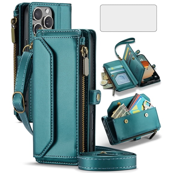 Asuwish Compatible with iPhone 16 Pro 6.3 inch Zipper Wallet Phone Case Tempered Glass Screen Protector Crossbody Lanyard Strap Flip Card Holder Slot Cell Cover for i Phone16 i16 16Pro Women Green