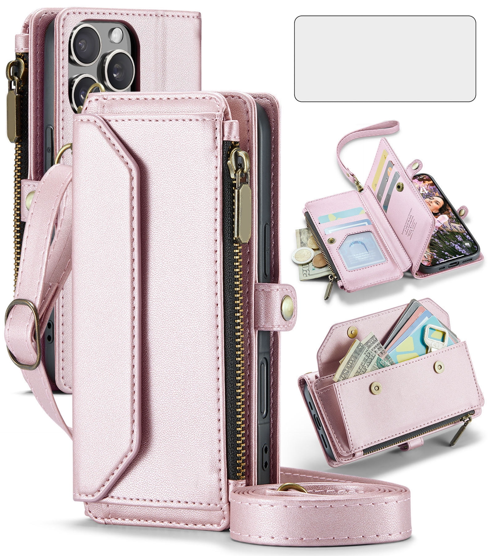 Asuwish Compatible with iPhone 16 Pro 6.3 inch Zipper Wallet Phone Case Tempered Glass Screen Protector Crossbody Lanyard Strap Flip Card Holder Slot Cell Cover for i Phone16 16 16Pro Women Rose Gold