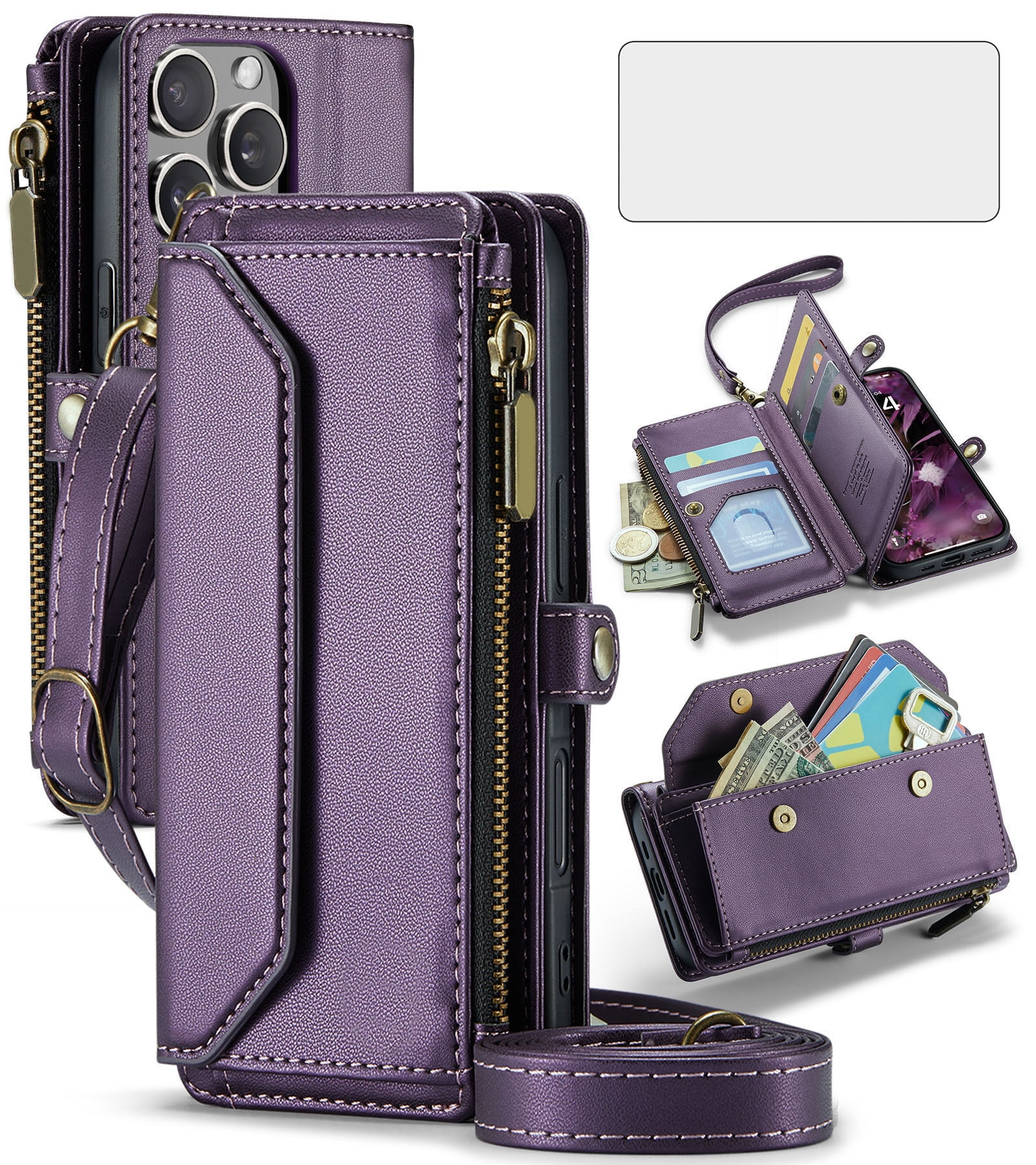 Asuwish Compatible with iPhone 16 Pro 6.3 inch Zipper Wallet Phone Case Tempered Glass Screen Protector Crossbody Lanyard Strap Flip Card Holder Slot Cell Cover for i Phone16 i16 16Pro Women Purple