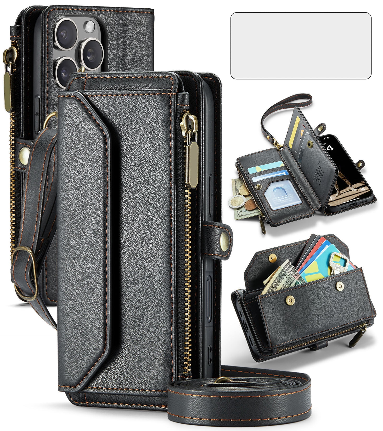 Asuwish Compatible with iPhone 16 Pro 6.3 inch Zipper Wallet Phone Case Tempered Glass Screen Protector Crossbody Lanyard Strap Flip Card Holder Slot Cell Cover for i Phone16 i16 16Pro Women Black