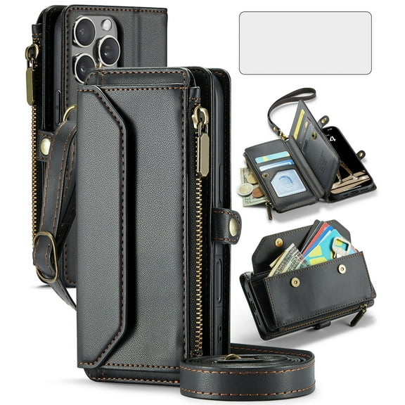 Asuwish Compatible with iPhone 16 Pro 6.3 inch Zipper Wallet Phone Case Tempered Glass Screen Protector Crossbody Lanyard Strap Flip Card Holder Slot Cell Cover for i Phone16 i16 16Pro Women Black