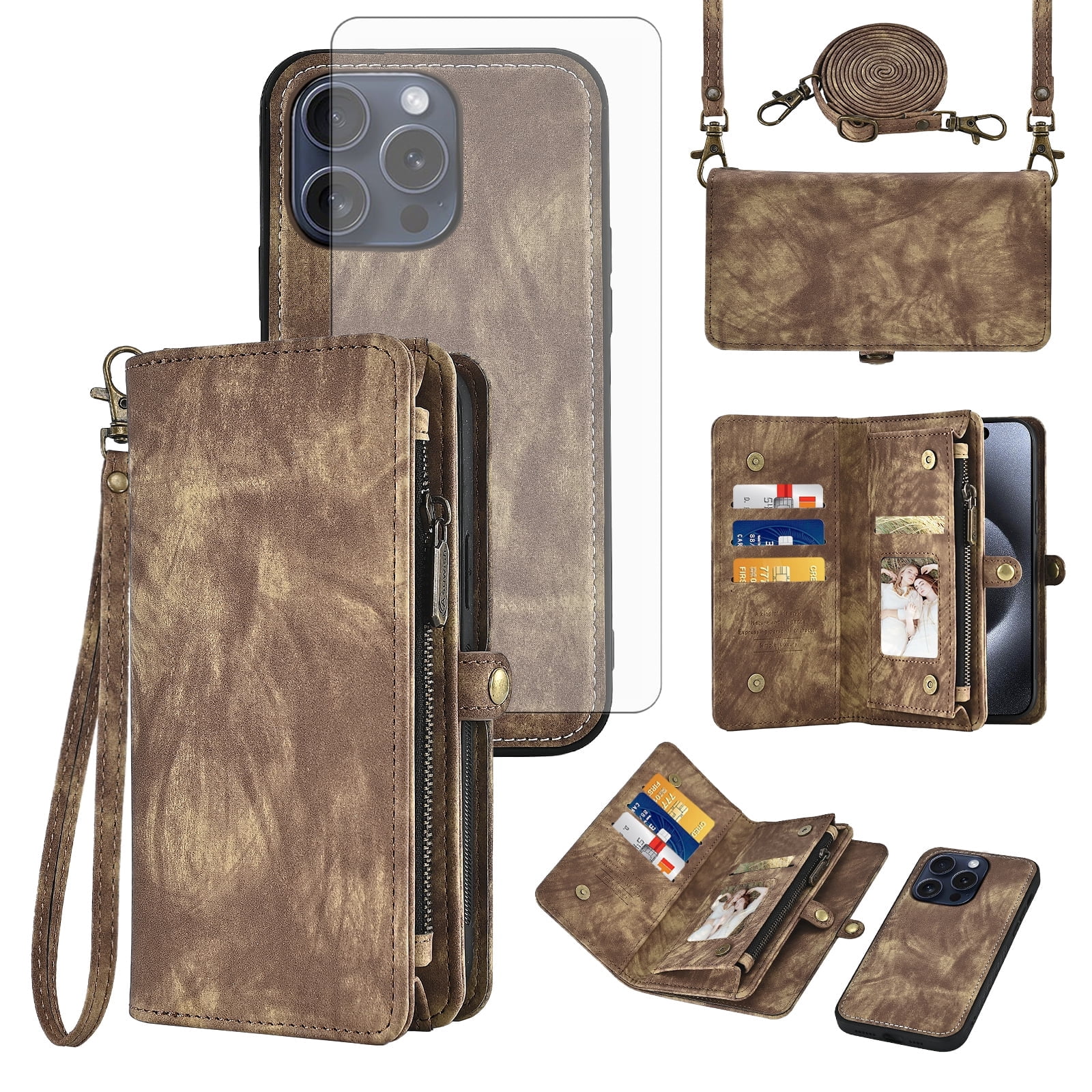 Asuwish Compatible with iPhone 16 Pro Max 6.9 inch Phone Case Zipper Wallet Tempered Glass Screen Protector Strap Flip Card Holder Cell Cover for i Phone16 16Pro i16 ProMax 16ProMax Women Girls Brown