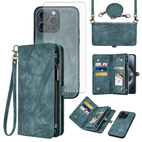 Asuwish Compatible with iPhone 16 Pro Max 6.9 inch Phone Case Zipper Wallet Tempered Glass Screen Protector Strap Flip Card Holder Cell Cover for i Phone16 16Pro i16 ProMax 16ProMax Women Girls Blue