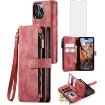 Asuwish Compatible with iPhone 16 Pro Max 6.9 inch Wallet Phone Case and Tempered Glass Screen Protector Faux Leather Flip Card Holder Zipper Cell Cover for i Phone16 16Pro i16 ProMax 16ProMax Red